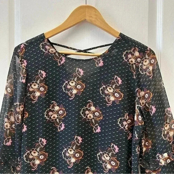 DR2 Blouse Sheer Ruffle Sleeve Bohemian Dark Floral Flowy Black Brown Small - Picture 4 of 12